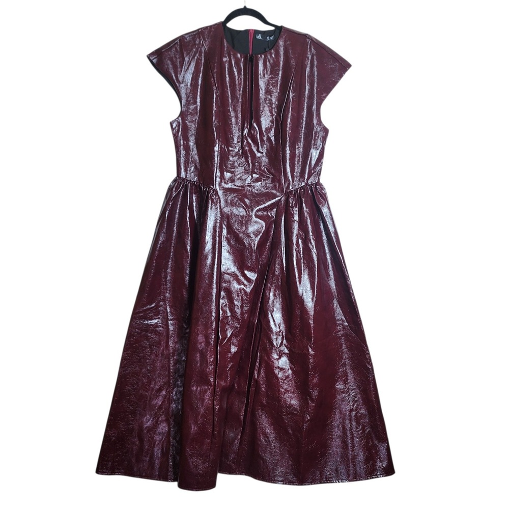 Anewsta Burgundy Faux Leather Midi Dress XL Fit Flare Glossy Cap Sleeve Dress